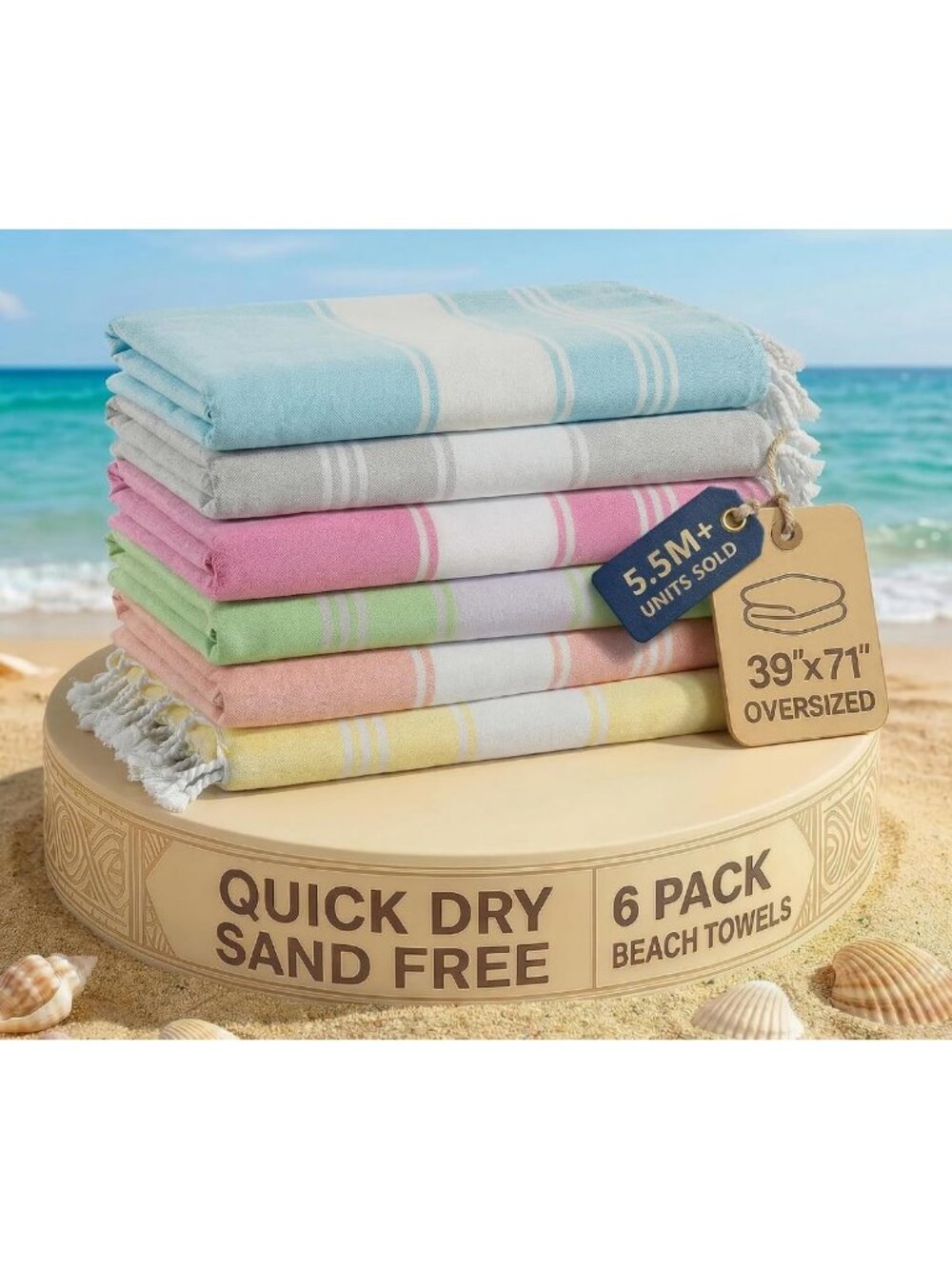 Oversized Soft Turkish Beach Towels Set of 6, Quick-Dry Linen for Summer Fun